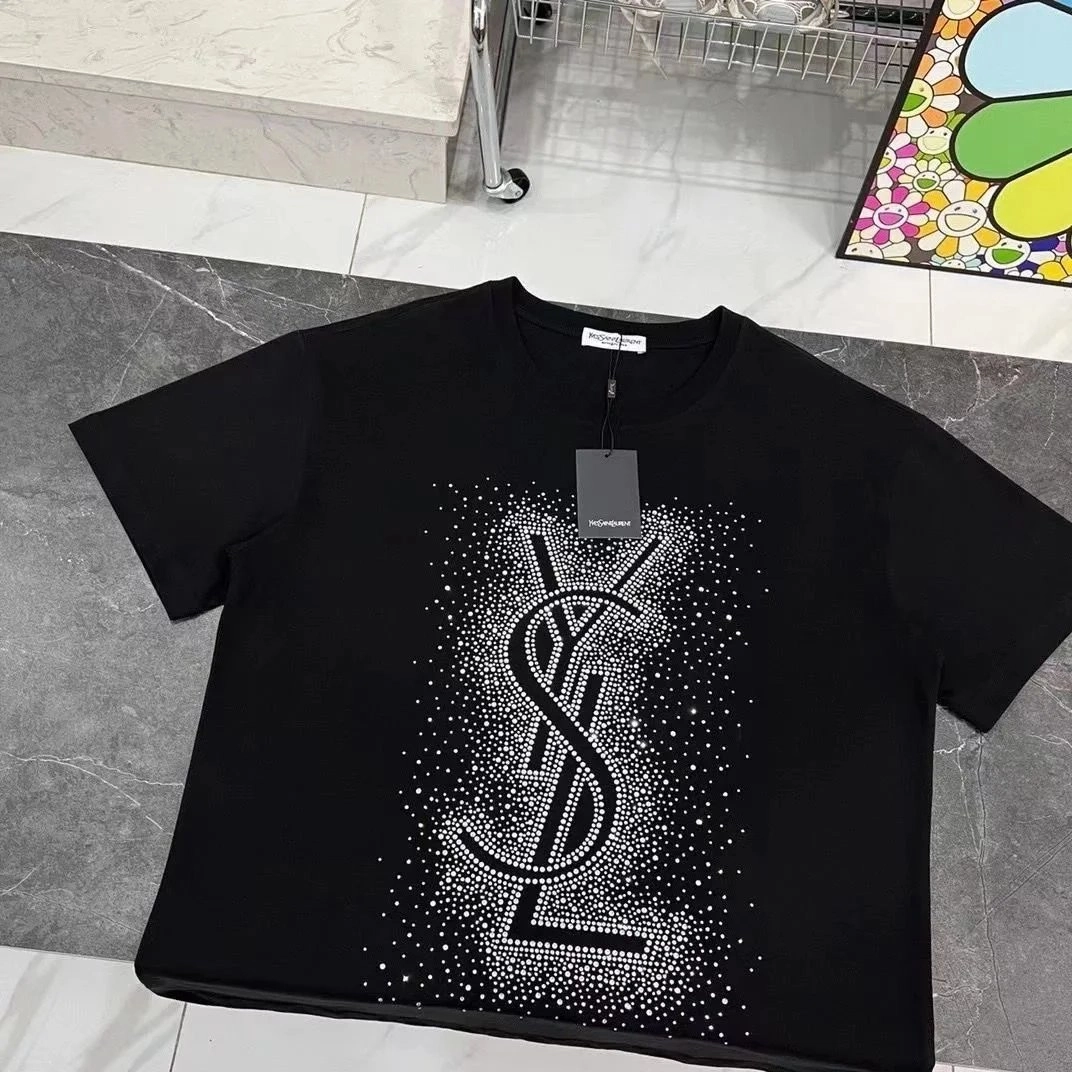 Saint Laurent Monogram Crystal-Embellished Black T-Shirt