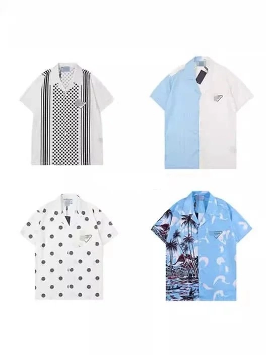 Prada Re-Nylon Hawaiian Shirt Blue Palm Tree Print