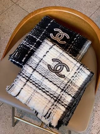 Chanel Tweed Plaid Scarf with CC Logo Embroidery Black-White