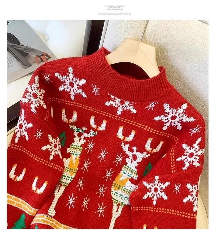 COCOZELLA Christmas Reindeer Snowflake Knit Sweater Red