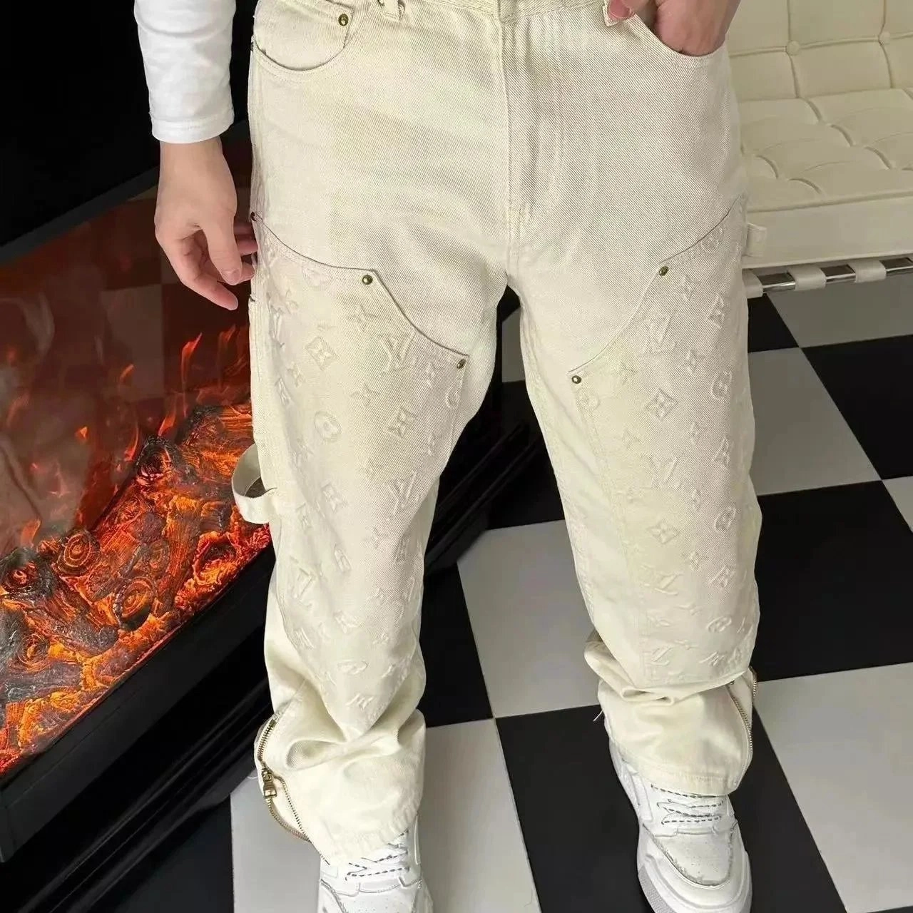 Louis Vuitton Monogram Embossed Off-White Cargo Jeans