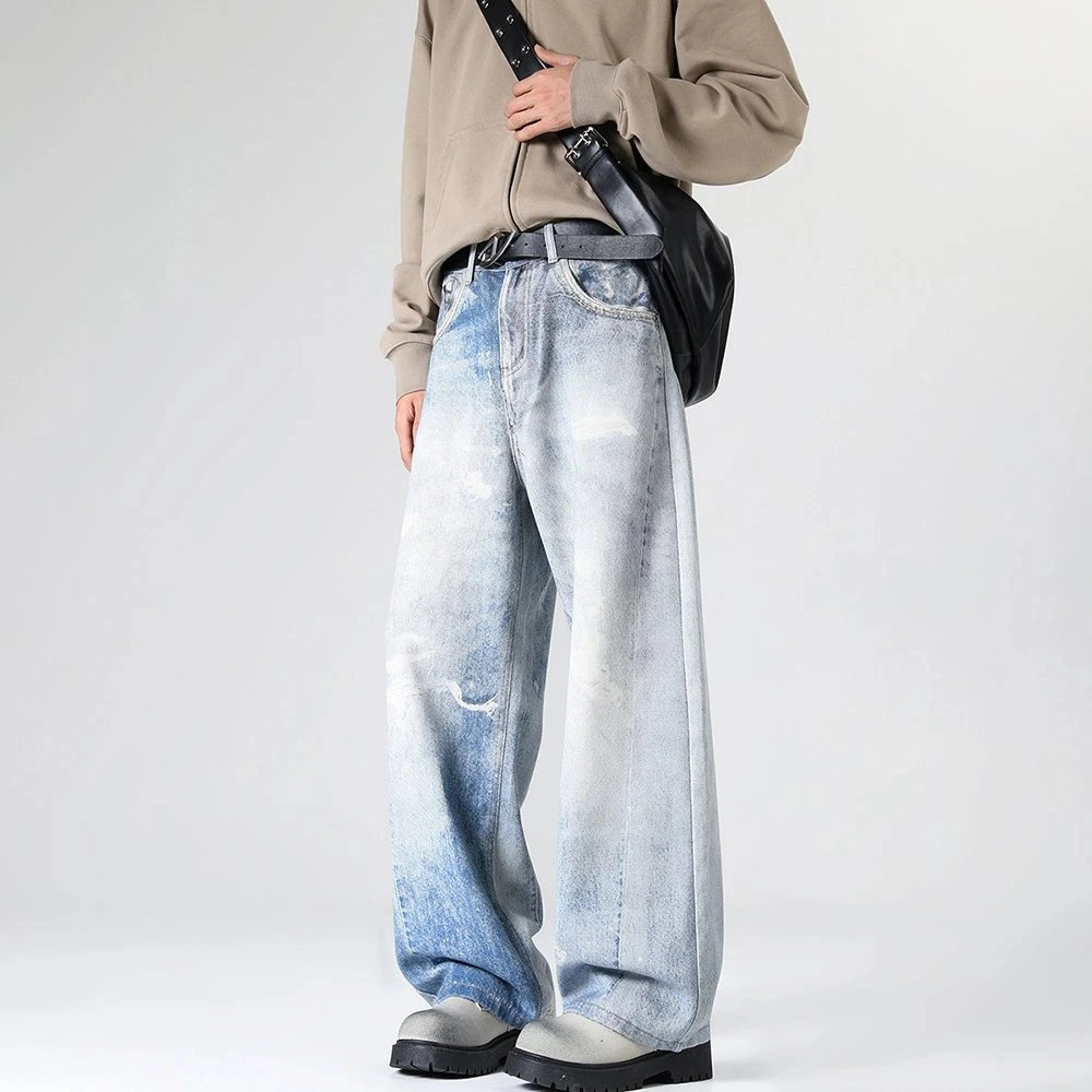 Wide-Leg Distressed Acid-Wash Denim Jeans with Raw Hem