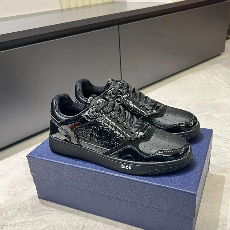 Dior B23 Low-Top Sneakers Black Patent Leather with Oblique Print