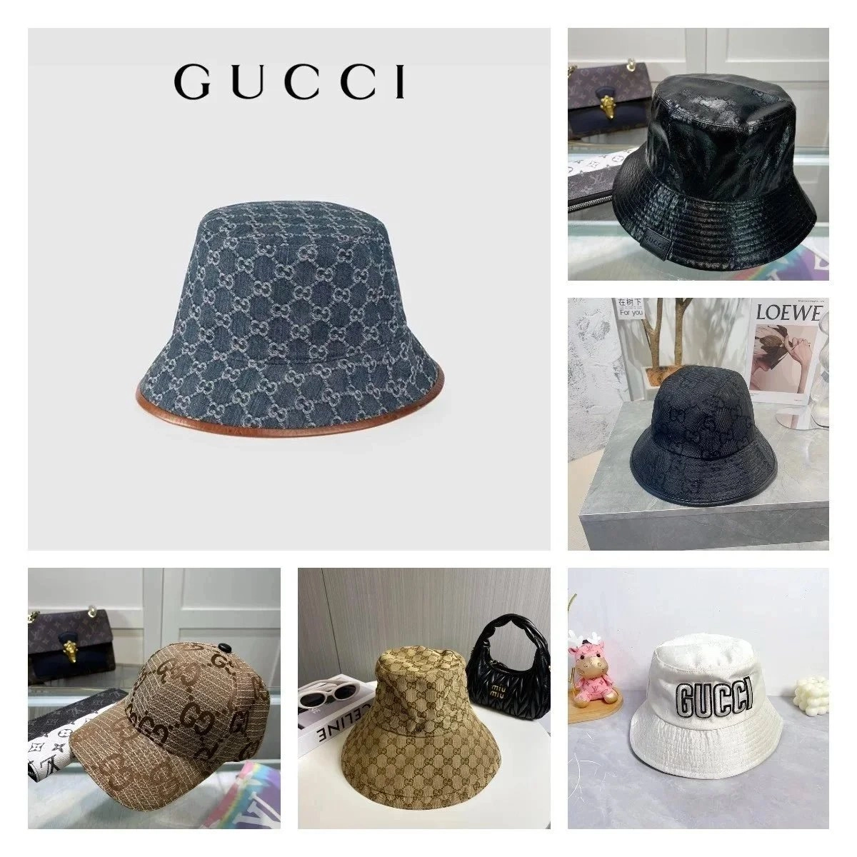 Gucci GG Monogram Denim Bucket Hat with Leather Trim