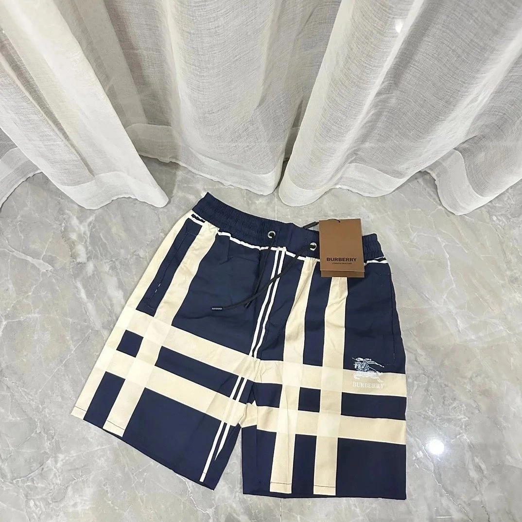Burberry Check-Stripe Swim Shorts Navy Beige