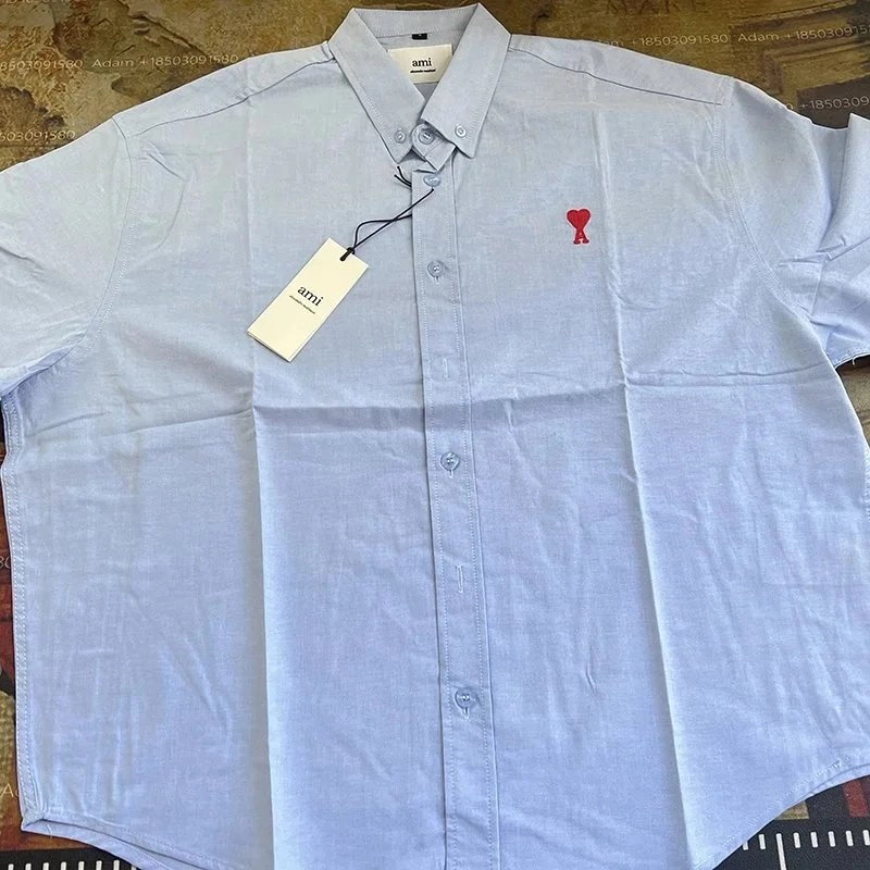 Ami Paris Light Blue Oxford Shirt with Red Heart Embroidery