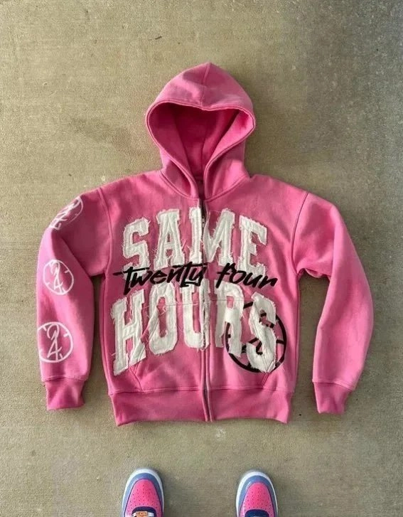 Same Twenty Four Pink Distressed Graphic Hoodie with Sleeve Logos