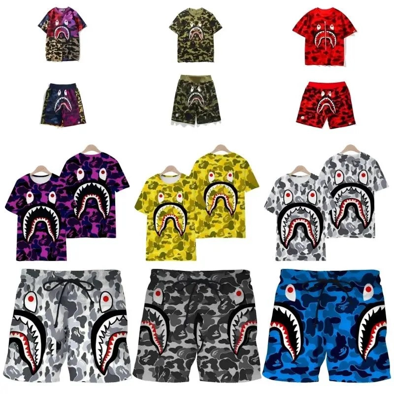 BAPE Shark Camo T-Shirt and Shorts Set - Purple Gradient