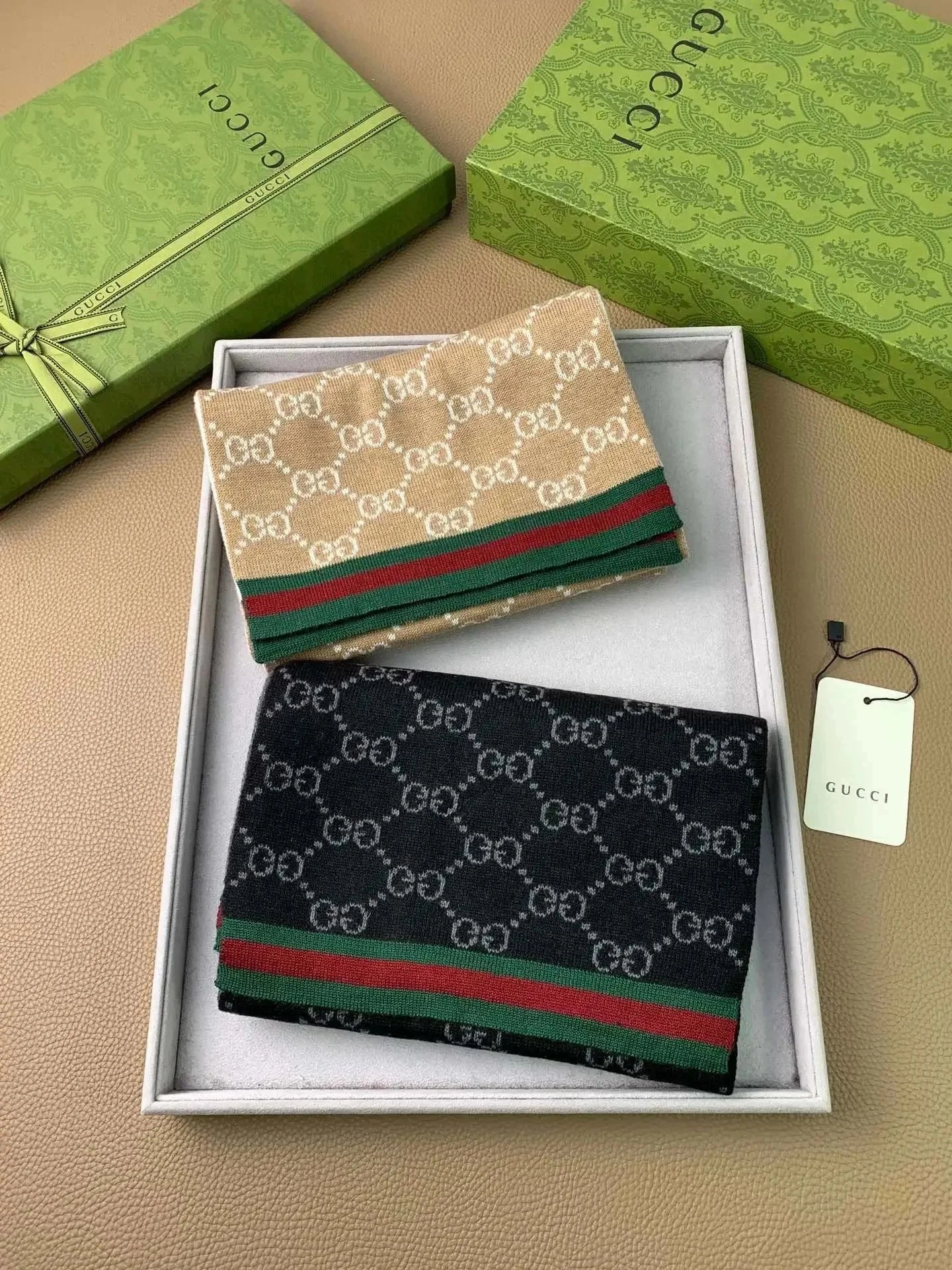 Gucci GG Monogram Knit Scarf with Web Stripe - Beige and Black