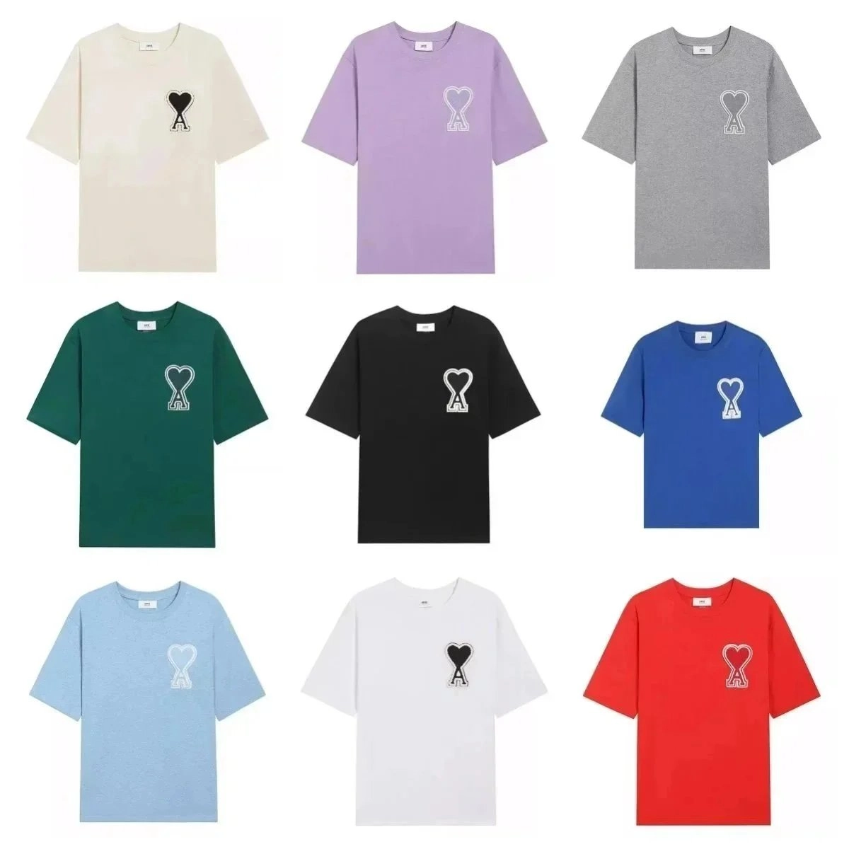 Ami Paris Heart Logo Cotton T-Shirt - Black with White Outline