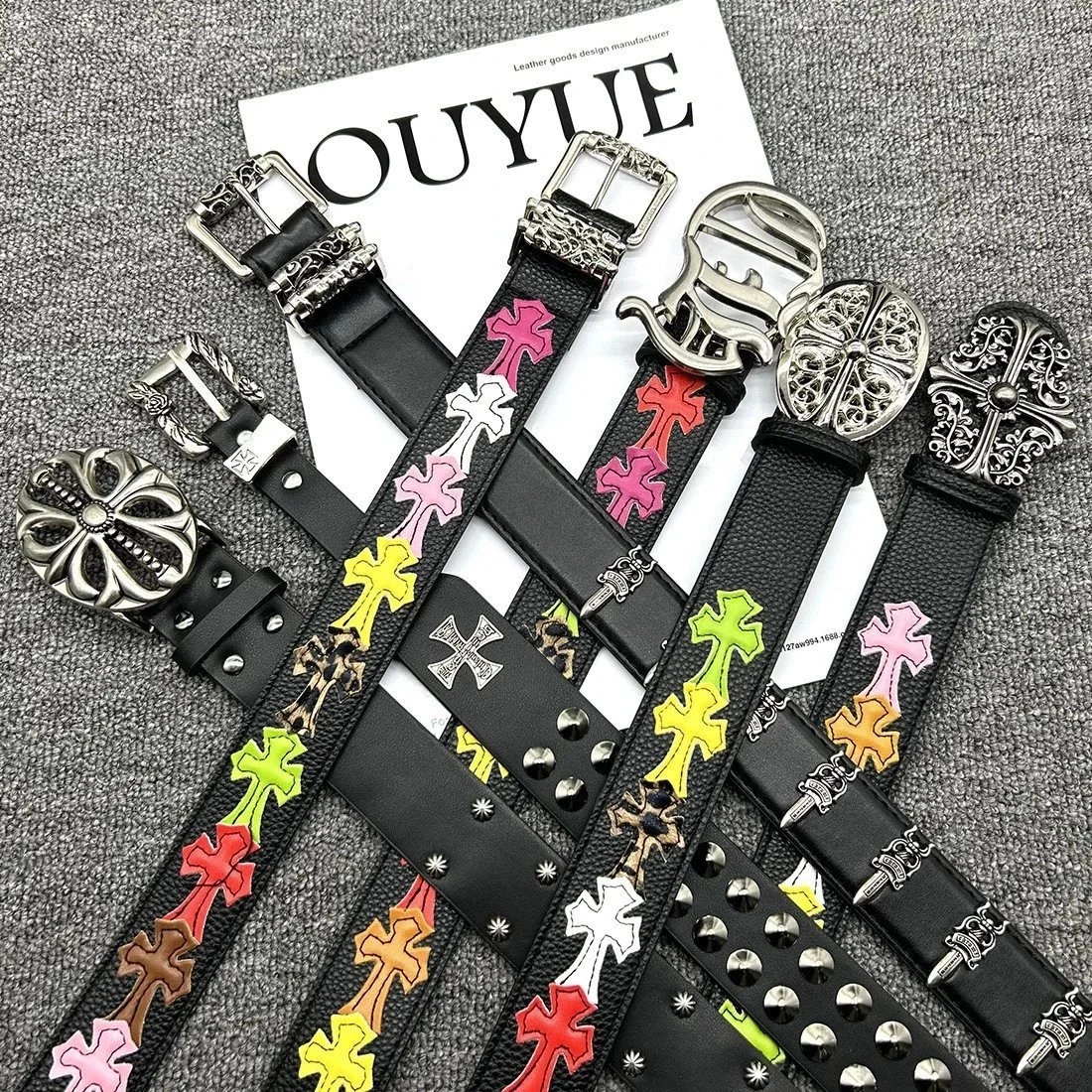 OUYUE Gothic Cross Embossed Leather Belt with Ornate Buckle