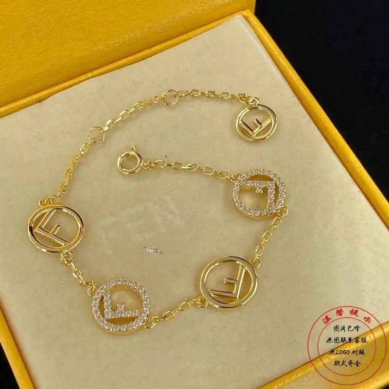 Fendi FF Logo Gold Chain Bracelet with Crystal Accents
