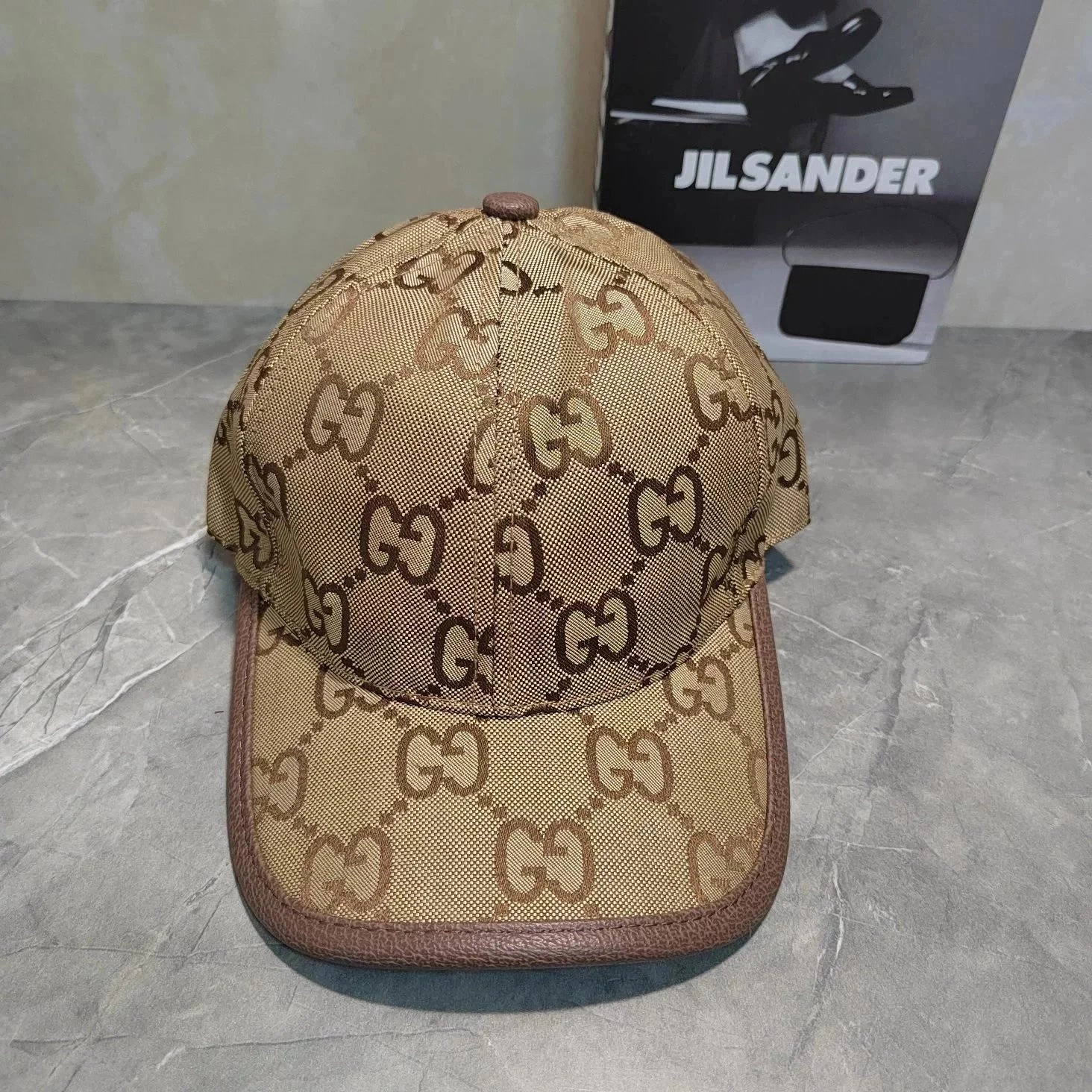 Gucci GG Monogram Canvas Baseball Cap with Brown Leather Trim