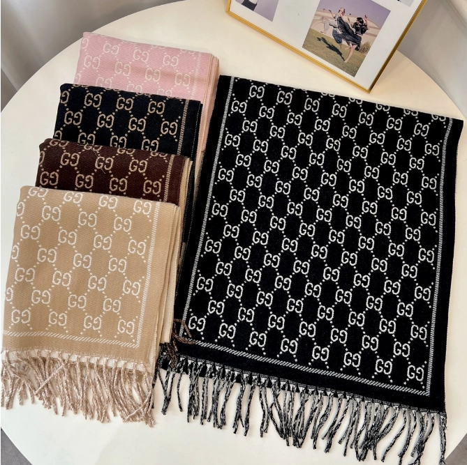Gucci GG Monogram Wool Scarf Black with Fringe Detail