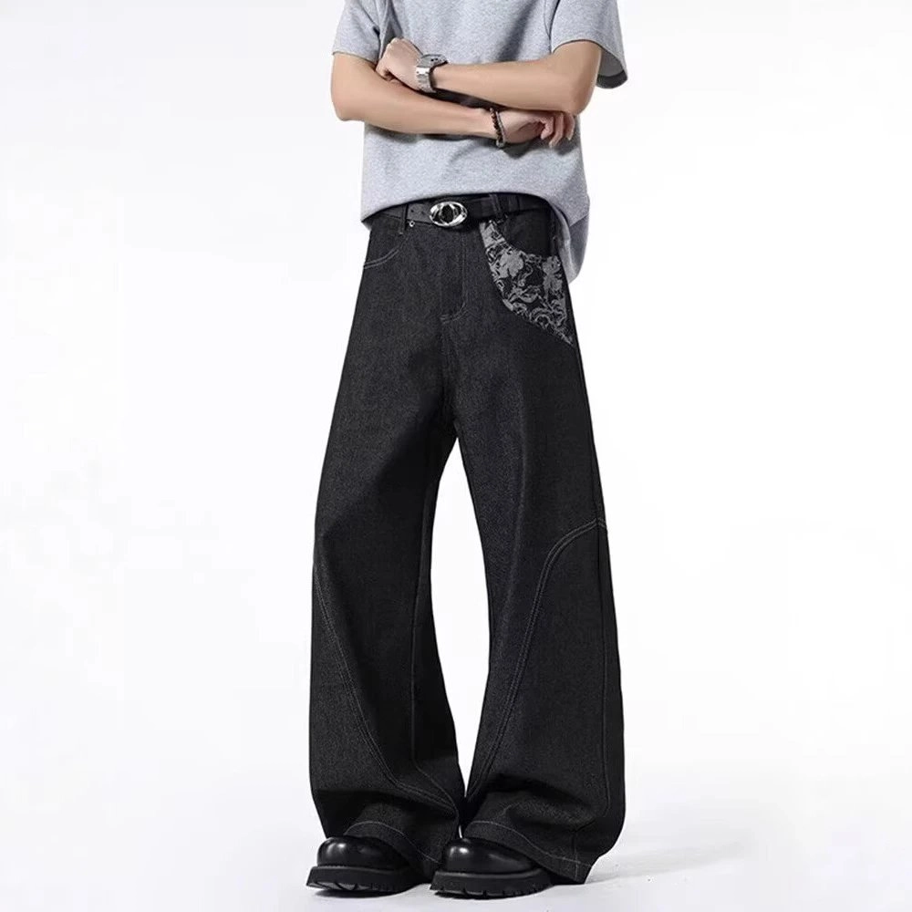 UrbanEdge Wide-Leg Denim Pants with Floral Patch - Black
