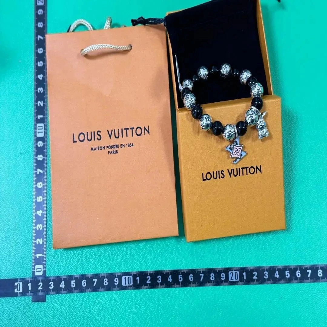 Louis Vuitton Monogram Beaded Bracelet with Black Onyx and Silver Charms
