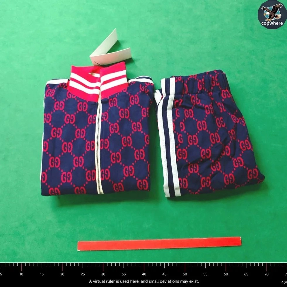 Gucci GG Pattern Navy Blue Track Suit with Red Stripes
