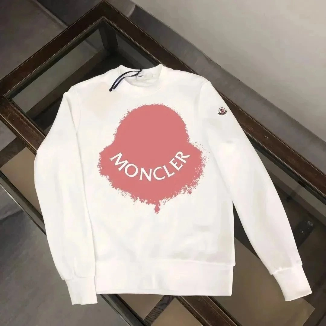 Moncler White Crewneck Sweatshirt with Pink Spray-Paint Logo