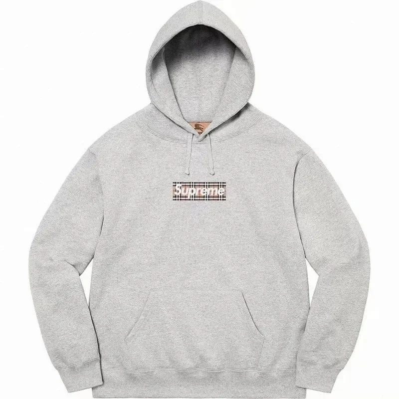 Supreme Burberry Check Box Logo Hooded Sweatshirt Gray