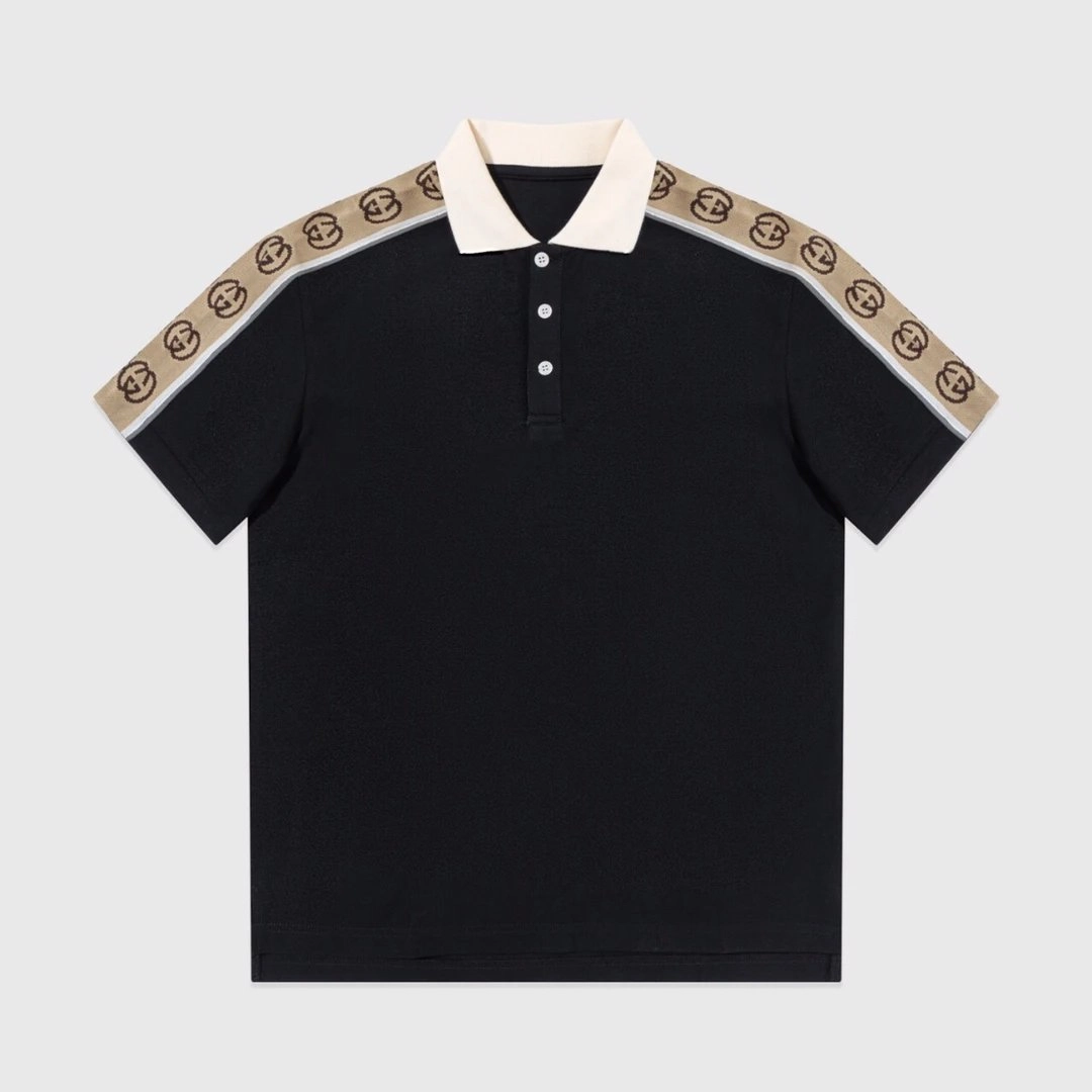 Gucci Black Polo Shirt with Beige GG Tape Trim