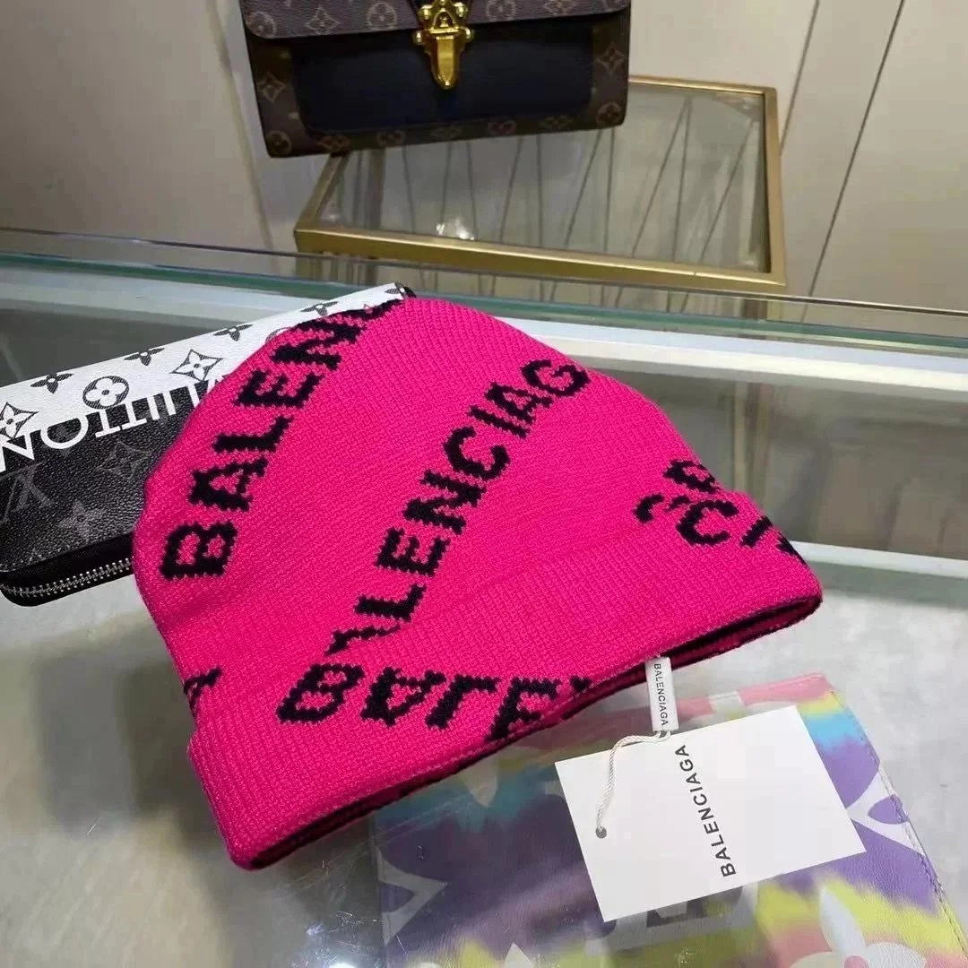 Balenciaga Logo Knit Beanie Hat - Neon Pink with Black Lettering