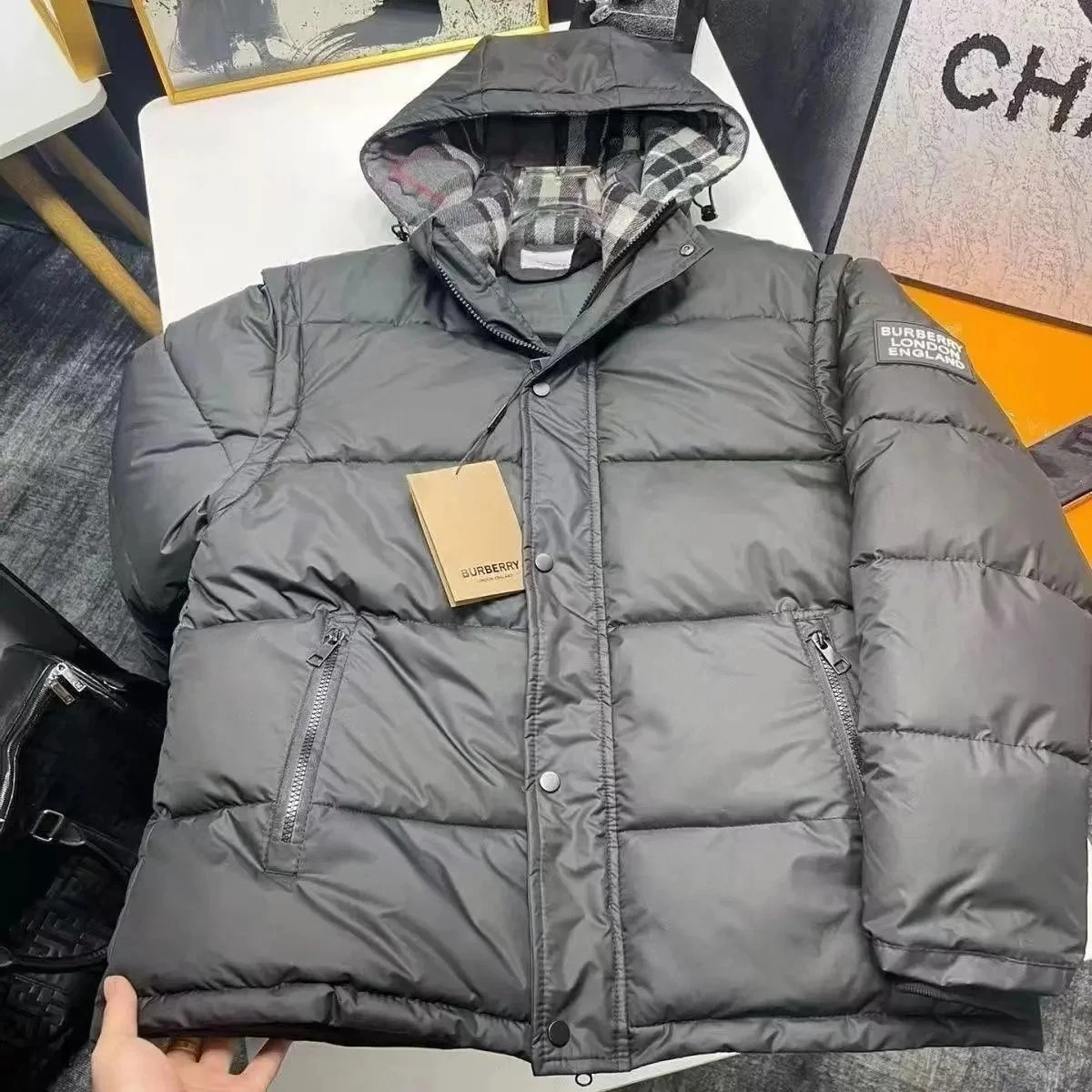 Burberry Puffer Jacket with Check-Lined Hood - Charcoal Grey