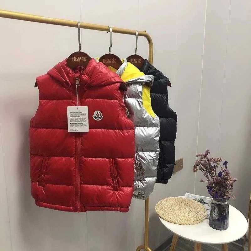 Moncler Kids Down Vest - Red Hooded Puffer with Logo Patch