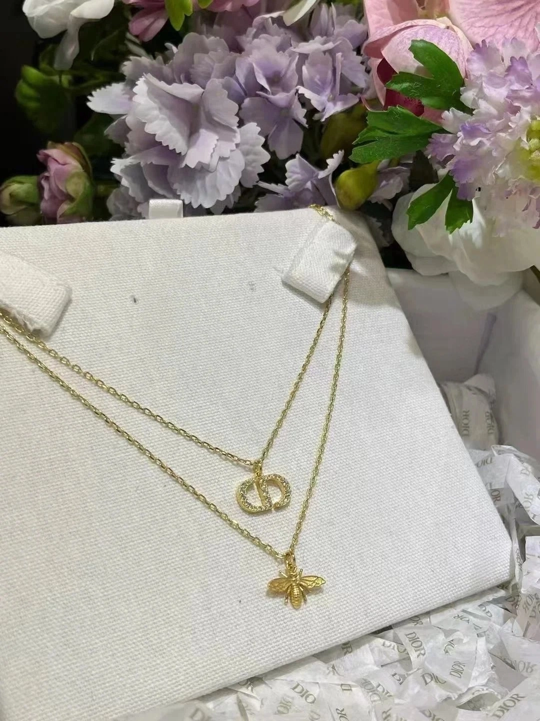 Dior Gold-Tone Double Layer Necklace with CD Logo and Bee Pendant