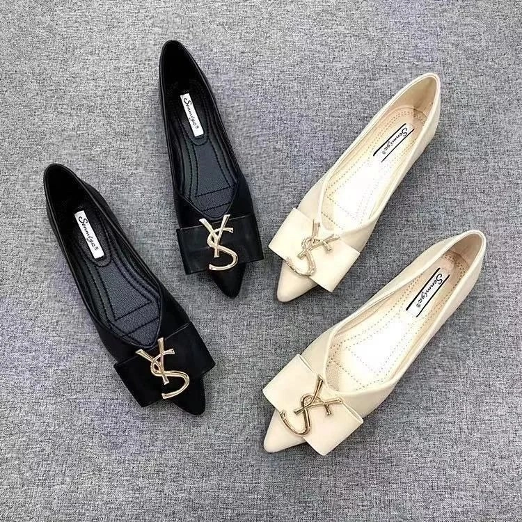 Sunnygirle YSL-Emblem Pointed-Toe Flats in Black and Cream