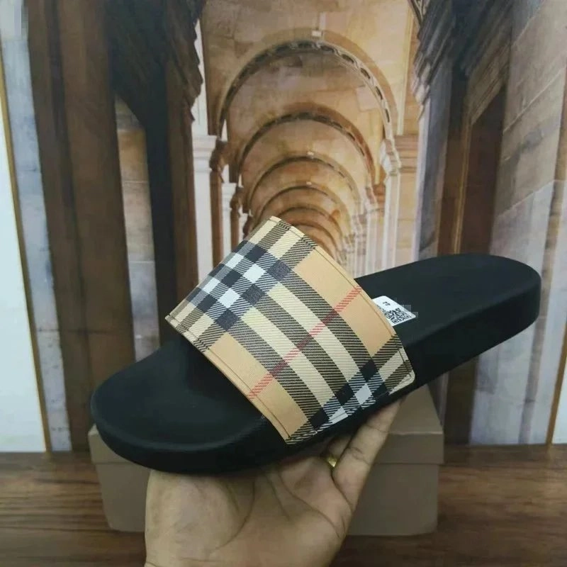 Burberry Nova Check Slide Sandal Black Beige Plaid