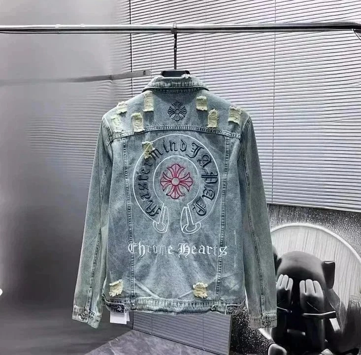 Chrome Hearts Distressed Denim Jacket with Embroidered Logo