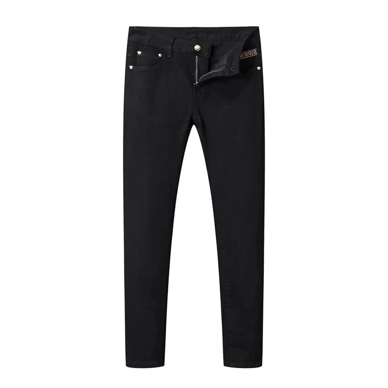 Versace Black Slim-Fit Jeans with Gold Logo and Studs