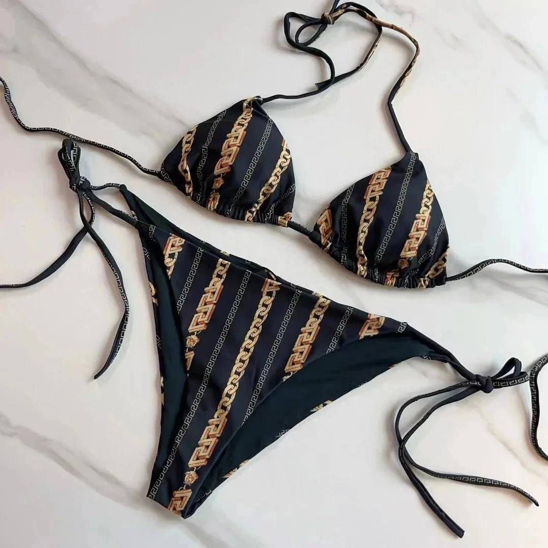 Versace Barocco Chain Print Triangle Bikini Set Black Gold