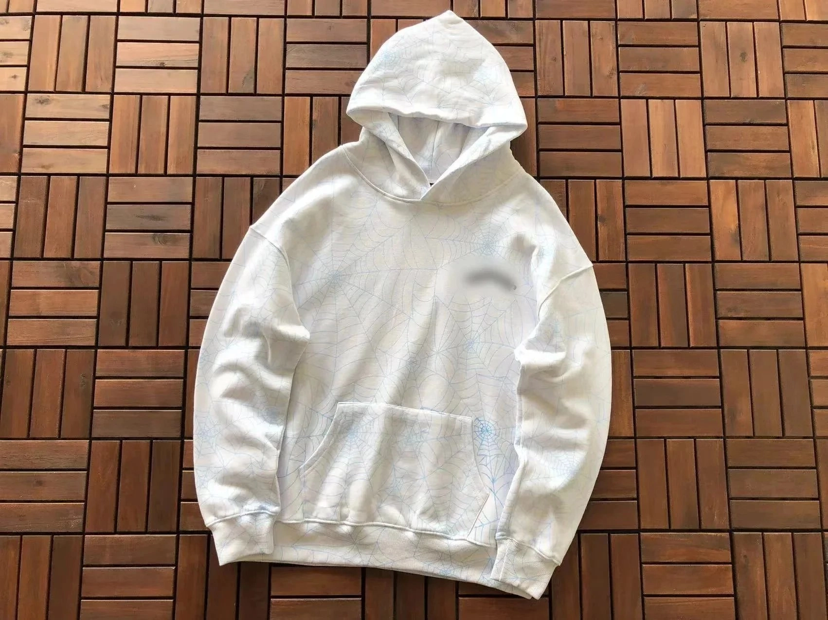 White Hoodie with Subtle Blue Spiderweb Pattern, Oversized Fit
