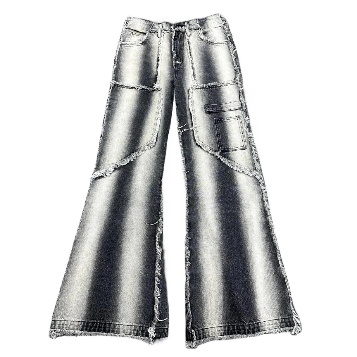 Distressed Silver Wash Wide-Leg Flare Jeans with Raw Edges