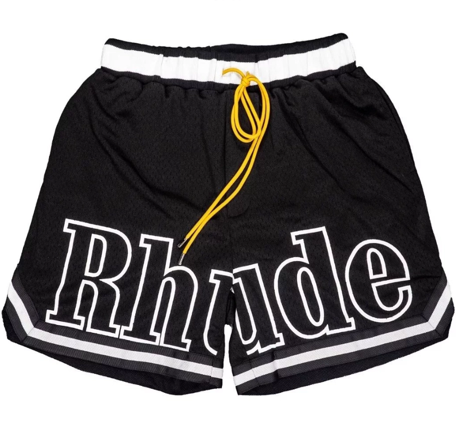 Rhude Black Mesh Basketball Shorts with White Logo and Yellow Drawstring