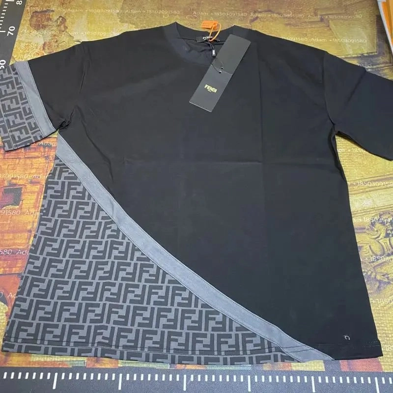 Fendi Black T-Shirt with FF Logo Panel and Diagonal Stripe
