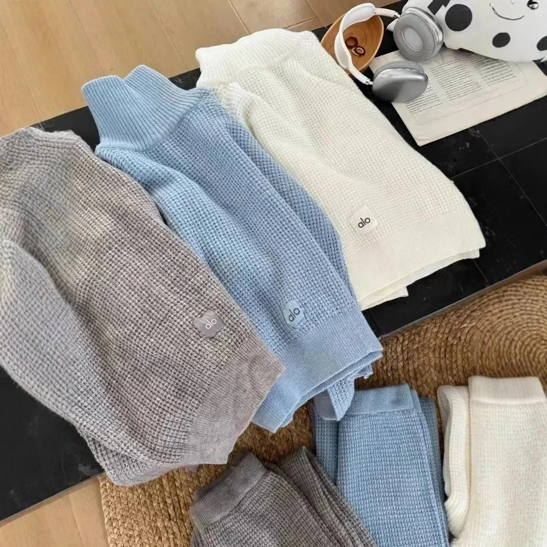 alo Waffle Knit High-Neck Sweater in Gray, Sky Blue, Cream