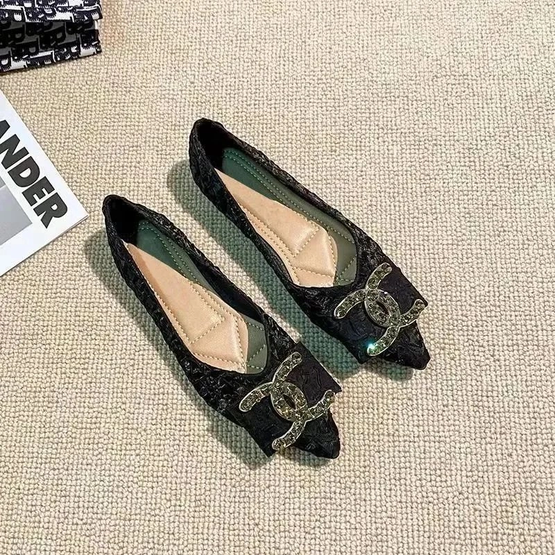 Chanel Black Lace Flat Shoes with Crystal CC Logo