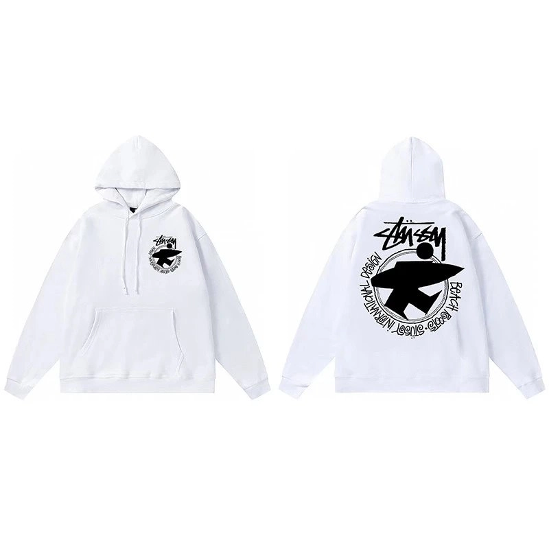 Stussy White Hoodie with Black Logo Graphic Front and Back