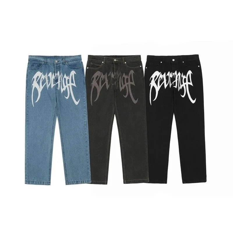 Revenge Gothic Script Denim Jeans - Blue, Charcoal, Black