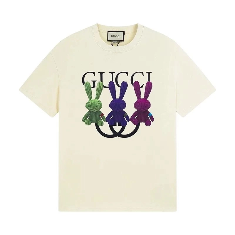 Gucci Rabbit Knit Appliqu&eacute; Cotton T-Shirt Cream