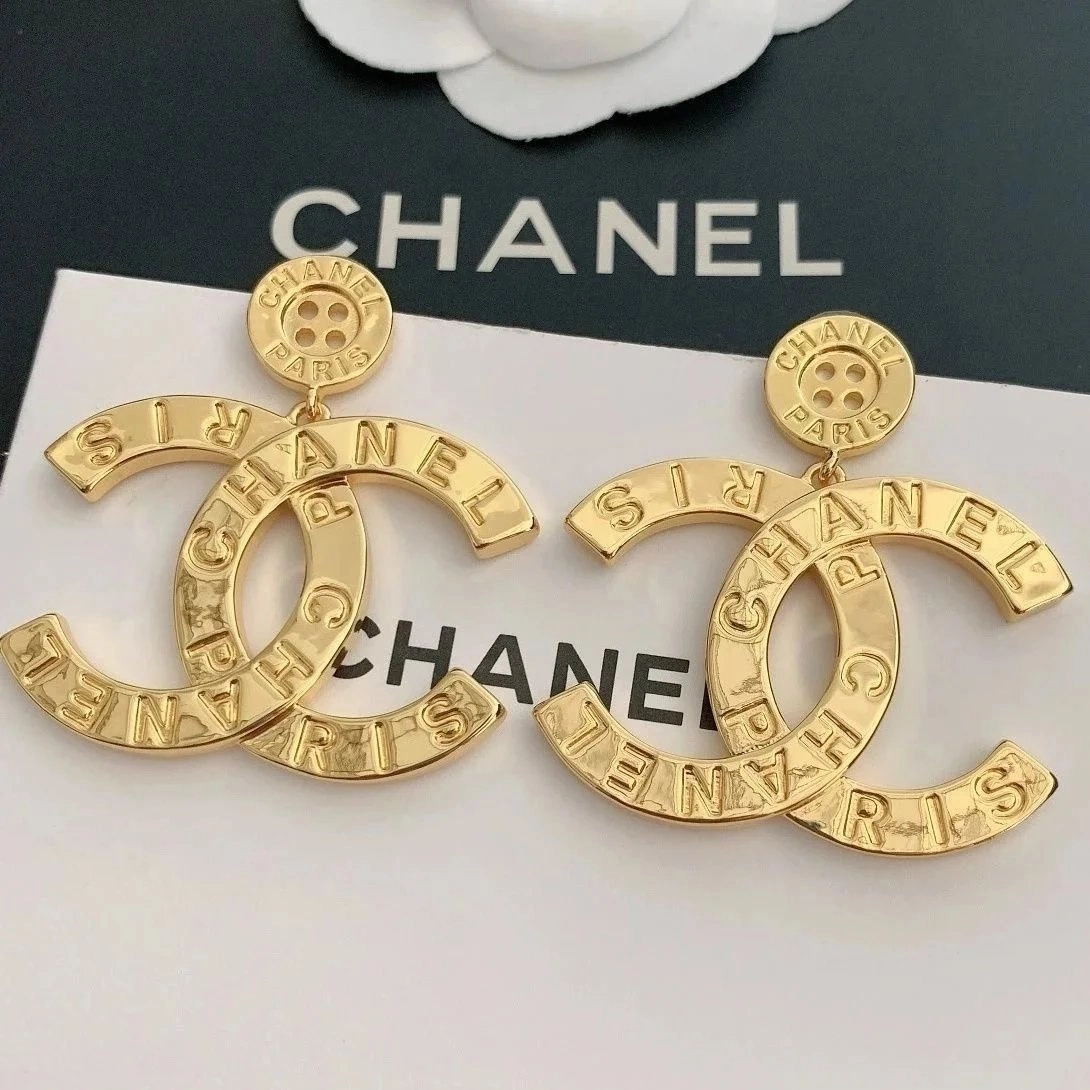 Chanel Gold CC Logo Button Earrings with Engraved Paris Detail