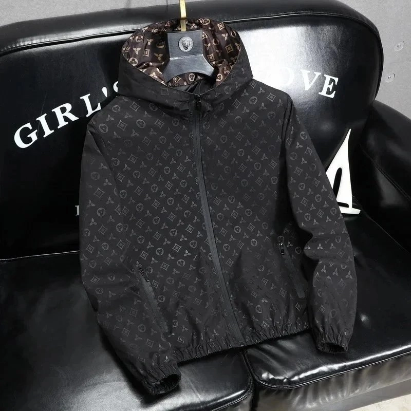 Versace Monogram Print Hooded Windbreaker Jacket Black