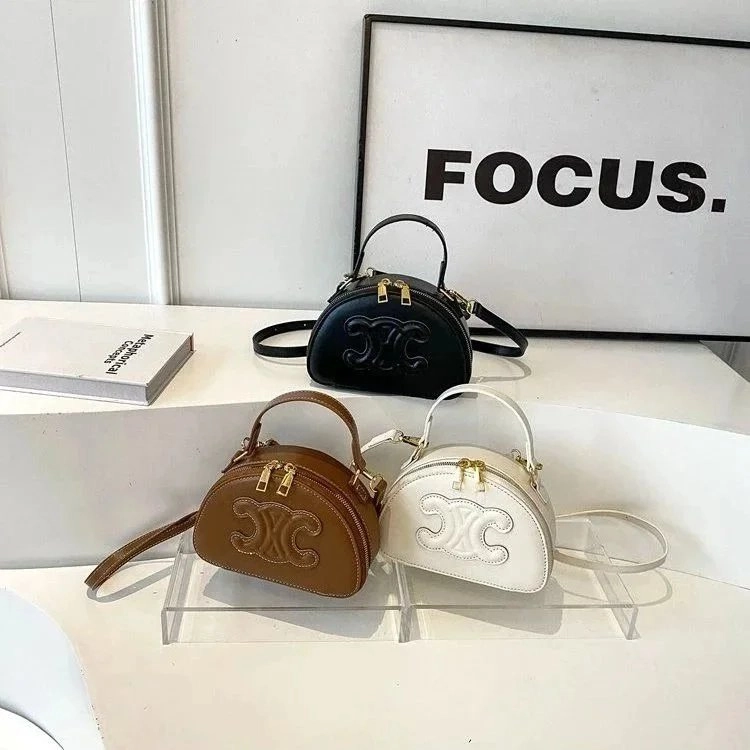 Celine Triomphe Mini Round Top-Handle Bag in Black Leather