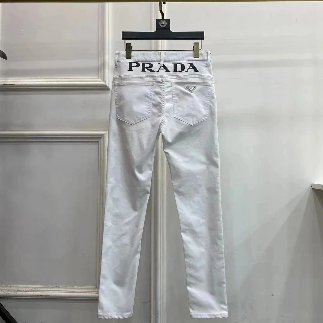 Prada White Slim-Fit Jeans with Logo Waistband and Triangle Patch