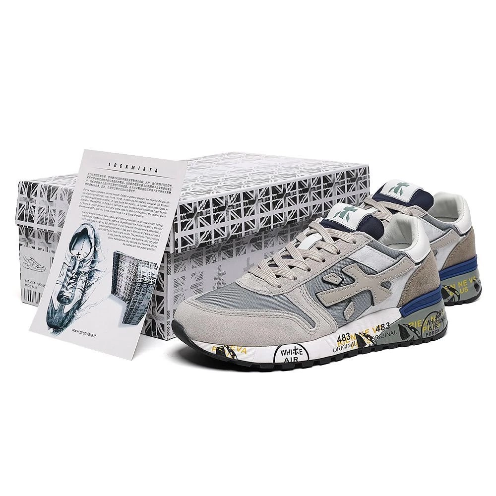 Premiata Lockmiata Grey-Beige Mesh Sneaker with Graphic Midsole