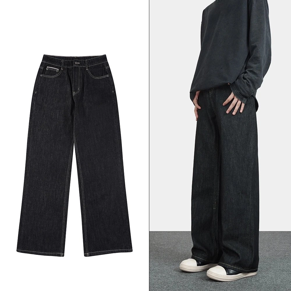 Crisp Wide-Leg Dark Wash Denim Jeans with Contrast Stitching