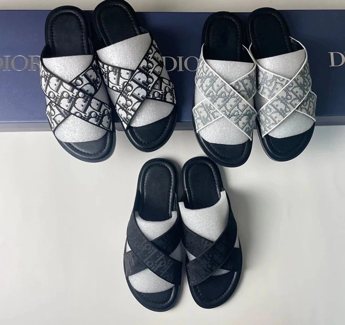 Dior B23 Oblique Logo Slide Sandals - Silver Black Cross Strap
