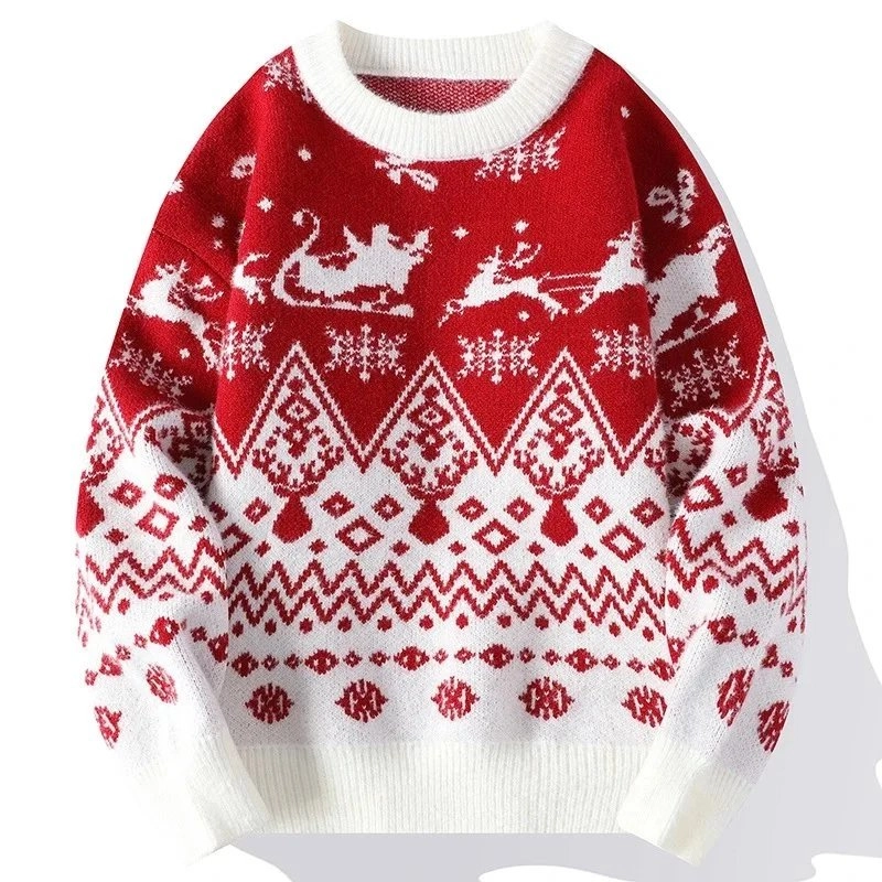 Red White Christmas Reindeer Snowflake Fair Isle Sweater